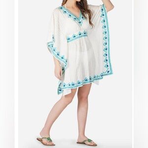 America & Beyond NEw SEA BLUE EMBROIDERED COVER UP KAFTAN‎ S Vacation Resortwear